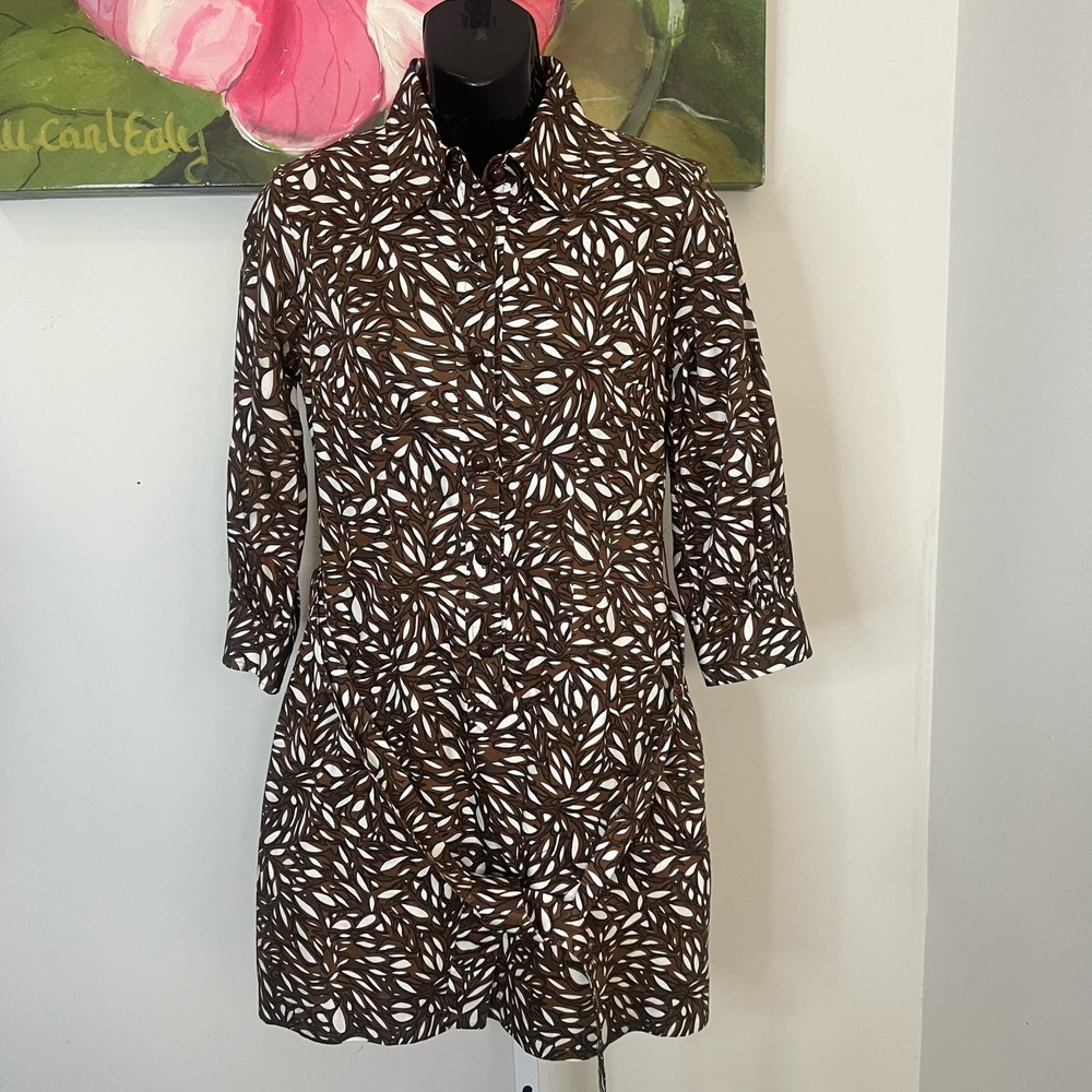 An Original Milly Shirt Dress Size 2 Brown White Print Belted Mini City Chic - Picture 11 of 16